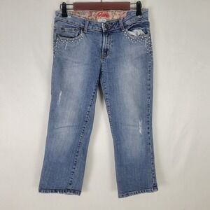 Leo Roma Juniors Jeans 7 Low Rise Capri Womens Studded‎ Distressed Blue Denim